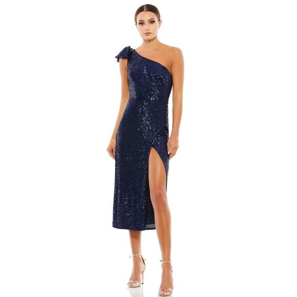 Mac Duggal Dresses & Skirts - Ieena Duggal Sequined Bow Detail Midi Dress with High Slit Navy Blue size 2